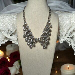 Express Signed Bow Bib Necklace Large Bezel Clear Rhinestone Runway Chunky 15"